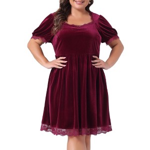 Agnes Orinda Women's Plus Size Velvet Lace Trim Short Sleeve Party A Line Dresses - 1 of 4