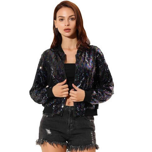 Allegra K Women's Sequin Sparkle Long Sleeve Zipper Bomber Jacket Black ...