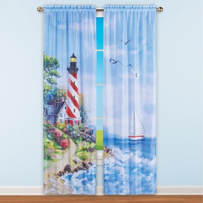 Coastal Lighthouse Scene Light-Filtering Polyester Curtain Panel Pair
