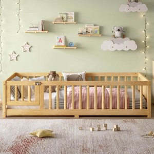 Angel Sar Twin Size Floor Bed with Safety Door & Guardrails, Low-Profile Wooden Kids Bed with Removable Slats, Natural Wood - 1 of 4