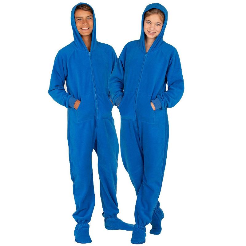 Footed Pajamas - Family Matching - Brilliant Blue Hoodie Fleece Onesie For Boys, Girls, Men and Women | Unisex, 1 of 6