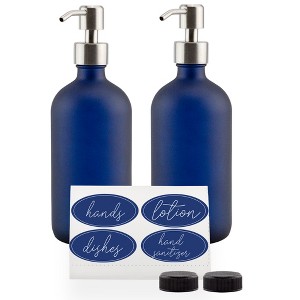 Cornucopia Brands 16oz Glass Pump Bottles, 2pk, Blue w/Silver; Soap Dispenser Pump Bottles w/ Brushed Metal Pump Tops - 1 of 4