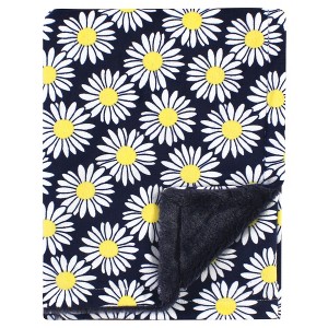 Hudson Baby Infant Girl Plush Blanket with Furry Binding and Back, Navy Daisy, One Size - 1 of 2