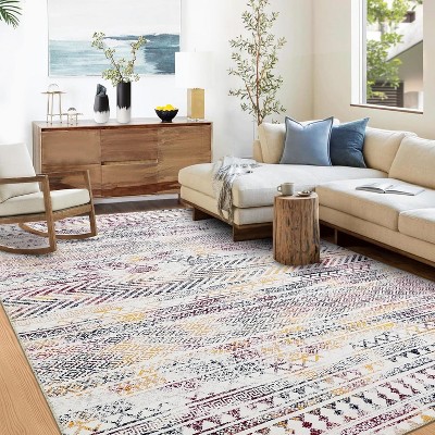 Boho Area Rug, Neutral Black Low Pile Washable Carpet, Non-Slip Non-Shedding Indoor Rug for Living Room, Bedroom, Kitchen, Bathroom