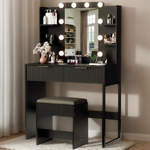 KTMBDW Fluted Vanity Desk with LED Lights Mirror, Small Makeup Vanity Table Set with 2 Storage Drawers & 4 shelves, Chair, Dressing Table for Bedroom - 1 of 4