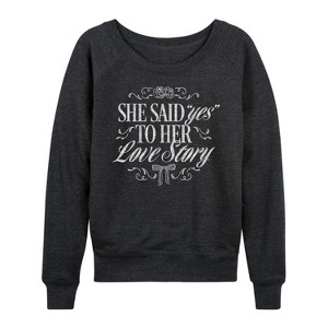 Women's - Instant Message - Yes To Her Love Story Lightweight French Terry Wide Neck Long Sleeve Graphic Shirt - 1 of 4