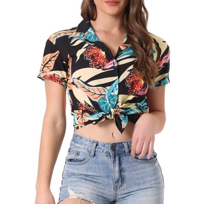 Allegra K Women's Hawaiian Floral Leaves Printed Short Sleeve Button Down Vintage Shirt