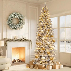 TackView Artificial Christmas Tree, Large Flocked Slim Pencil Christmas Tree with Lights, Snowy Branch Tips, Metal Stand for Living Rooms - 1 of 4
