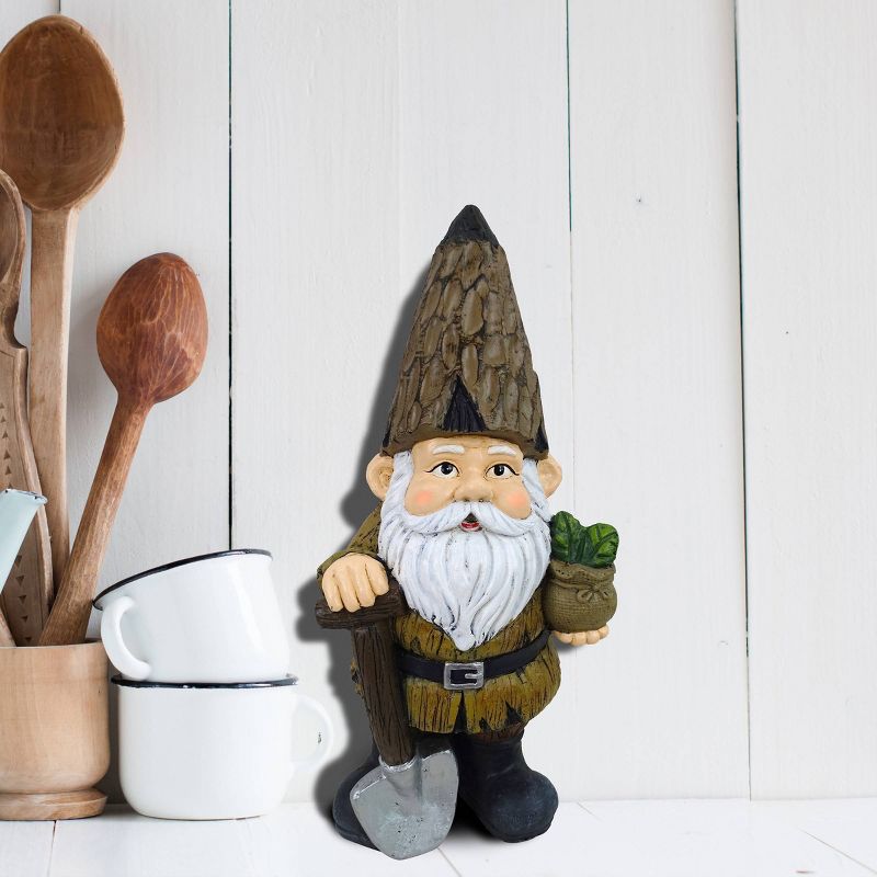 16&#34; Magnesium Oxide Indoor/Outdoor Garden Gnome with Shovel and Plant Statue Brown - Alpine Corporation, 3 of 6