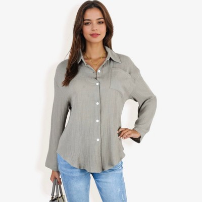 Anna-Kaci Women's Long Sleeve Button Down Crinkled Blouse With Chest Pocket