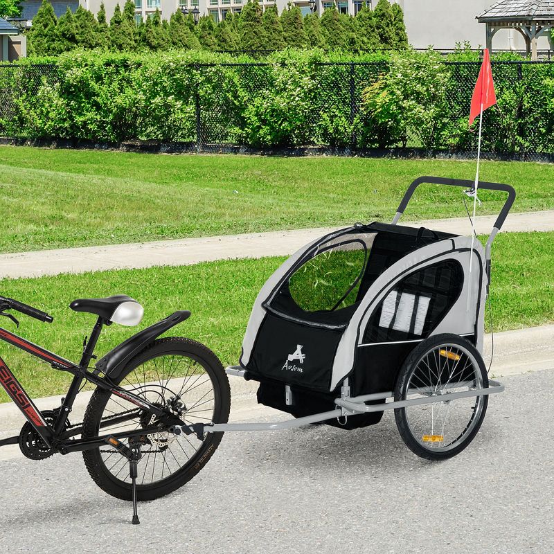 Aosom Elite Three-Wheel Bike Trailer for Kids Bicycle Cart for Two Children with 2 Security Harnesses & Storage, 2 of 9