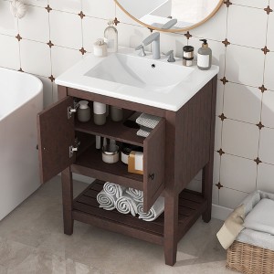 24-Inch White Modern Sleek Bathroom Vanity Elegant Ceramic Sink with Solid Wood Frame Open Style Shelf - 1 of 4