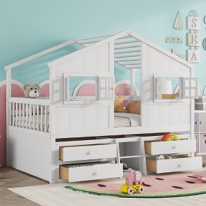 ModernLuxe Full Size House Loft Bed with Roof, Windows, 4 Storage Drawers, Pine Wood Bed Frame with Safety Guardrails & Ladder, White/Gray - 1 of 4