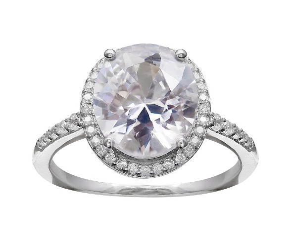 Women's Oval Cubic Zirconia Ring with Pave Band in Sterling Silver - Silver/Clear (7)