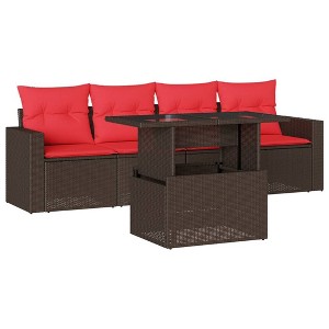 vidaXL Patio Sofa Set with Cushions and Table Outdoor 5 Piece Poly Rattan - Brown without storage - 1 of 4