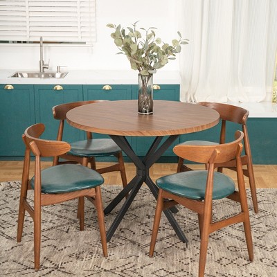 Hooseng Round Dining Table for 4, Farmhouse Style Kitchen Table Small Dinner Table with MDF Top and Metal Legs, Space Saving Dining Room Furniture