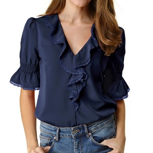 INSPIRE CHIC Women's Ruffle V Neck Puff Sleeve Summer Casual Chiffon Peasant Top - 1 of 4
