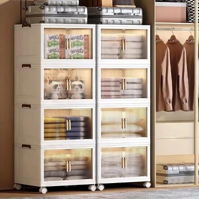 INFURNIC Decorative Storage Cabinets 21.6 Inch 3-Tier Foldable Storage Box with Clear Doors for Easy Access, Beige, 21.65"*12.99"*35.43"