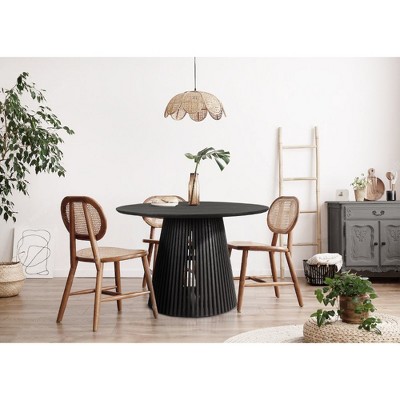 Royal Hampton 47 Inch Handcrafted Mango Wood Round Dining Table, Slatted Flared Base, Black