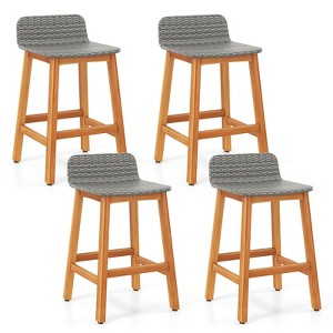 Tangkula Solid Acacia Wood Bar Stools Set of 4 Rattan Bar Height Patio Chairs for Porch - 1 of 4
