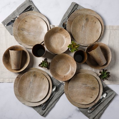Woodgrain Brown Melamine Round Dinnerware Set, Service for 4