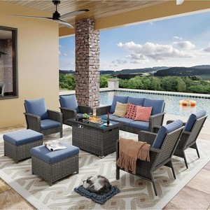 Patio Furniture Set 8 Peices with 44" Propane Gas Fire Pit Table, Outdoor Sectional Furniture Conversation Sofa Set with Cushion for Porch Backyard - 1 of 4
