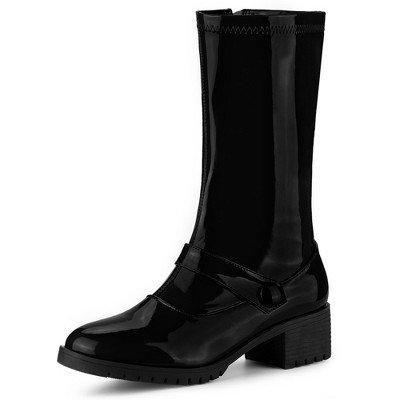 Allegra K Women's Round Toe Chunky Heels Patent Leather Mid Calf Boots