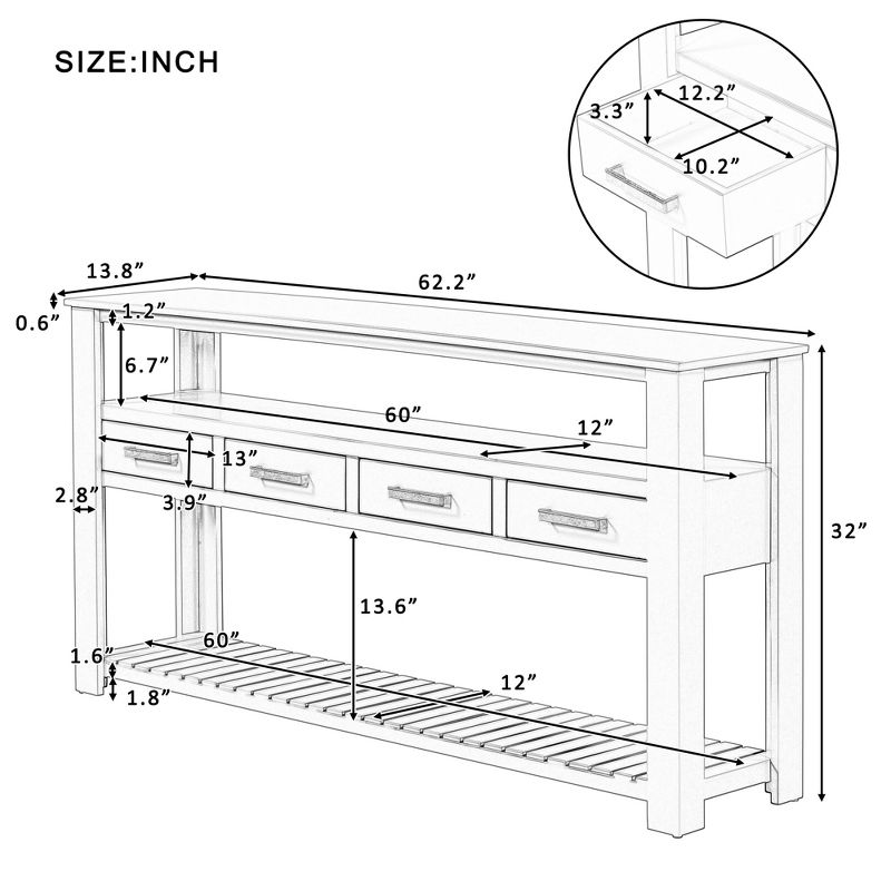62.2'' Modern Console Table Sofa Table for Living Room with 4 Drawers and 2 Shelves - ModernLuxe, 3 of 13