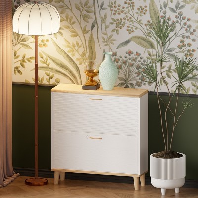 VYNXARIA Shoes Storage Cabinet for Entryway,Narrow Shoe Rack Cabinet,Shoe Cabinet with 2 Flip Drawers,Freestanding Shoe rack with Natural Wood Legs