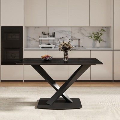 55" Modern Rectangular Dining Table for 6,Sintered Stone Top with Black Metal X-Leg Base-Maison Boucle