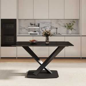 55" Modern Rectangular Dining Table for 6,Sintered Stone Top with Black Metal X-Leg Base-Maison Boucle - 1 of 4