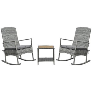 Outsunny 3 Pieces Outdoor PE Rattan Rocking Chair Set, Patio Wicker Recliner Rocker Chair with Soft Cushion & Nature Wood Top Coffee Table, for Garden Backyard Porch - 1 of 4