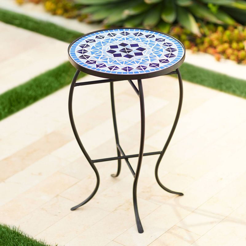 Teal Island Designs Modern Black Round Outdoor Accent Side Table 14" Wide Light Blue Mosaic Tabletop Front Porch Patio Home House Balcony, 2 of 8