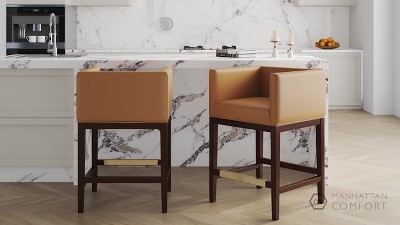 Kingsley 34" Ivory and Dark Walnut Leather Counter Stools, Set of 2