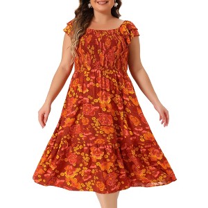 Women's Plus Size Square Neck Flutter Sleeve Smocked High Waist Floral Midi A Line Dresses - Agnes Orinda - 1 of 4