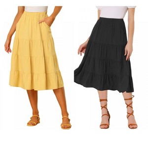 INSPIRE CHIC Women's Midi Solid Elastic Waist Flare Tiered A-Line Skirt with Pockets 2 Packs - 1 of 4