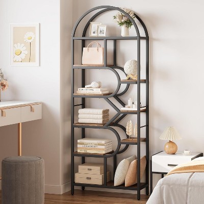 Homhougo Bookshelf 6 Tier Arched Bookcase 81.7" Tall Display Racks Geometric Open Storage Shelf Metal Frame Large Modern Book Shelf