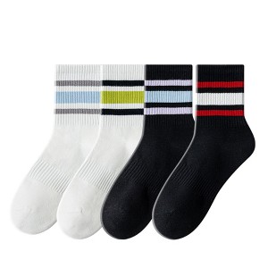 Anna-Kaci Crew Socks 4-Pack White Base Colorful Ribbed Cuff Striped Design Stretch Comfort Breathable Fit - 1 of 4