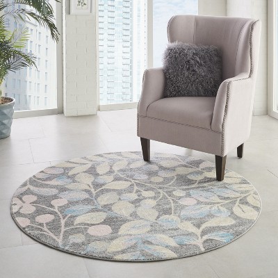 Handmade Round Grey and Beige Floral Synthetic Rug