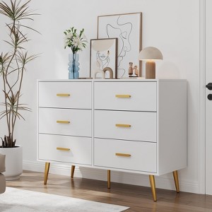 Black 6 Drawer Dresser with Storage Space, Modern Wooden Dresser with Gold Handles - 1 of 4