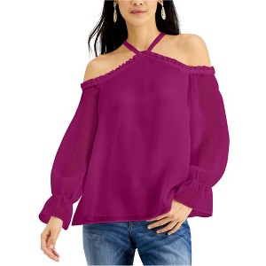 I.N.C International Concepts Womens Ruffled Cold Shoulder Blouse, Pink, Small - 1 of 1