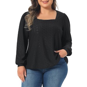 Women's Plus Size Square Neck Hollow Eyelet Long Sleeve Dressy Shirts - Agnes Orinda - 1 of 4