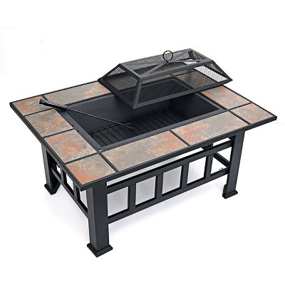 Large Black Wood-Burning Fire Pit Table with Grill