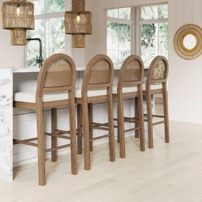 Bailey Light Brown Boucle Upholstered Bar Stools with Rattan Back, Set of 4