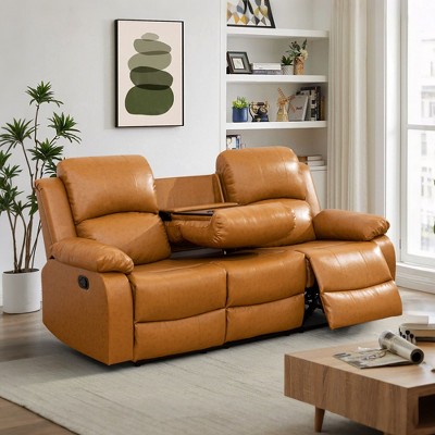 MAYEERTY Reclining Sofa, 3-Seat Wear-Resistant Breathable Fabric Recliner with Reversible Coffee Table for Living Room, Ginger
