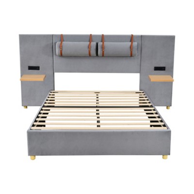 Gray Velvet Full Size Platform Bed with Outlets, USB Ports, Pillows, Storage
