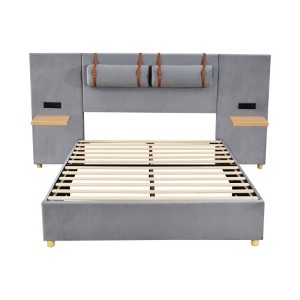 Gray Velvet Full Size Platform Bed with Outlets, USB Ports, Pillows, Storage - 1 of 4