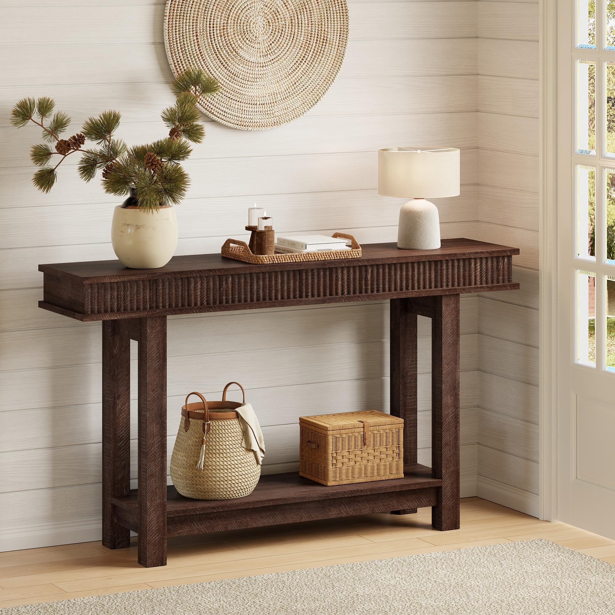 Fluted Console Table – 2-Tier Farmhouse – Narrow Wooden – Shelf Storage – Entryway, Hallway & Living Room – Behind Couch