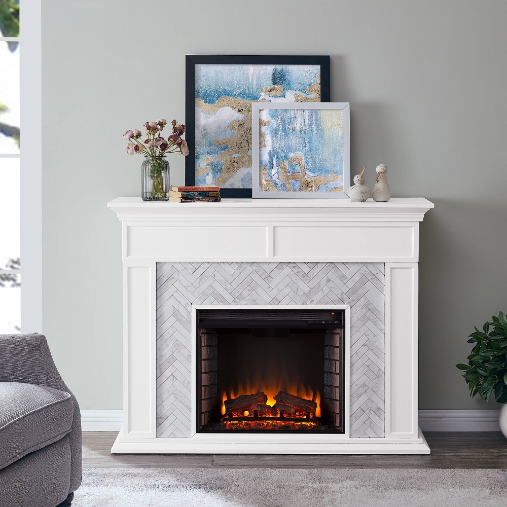 Photos - Electric Fireplace Tenmoor Marble Tiled  White - Aiden Lane