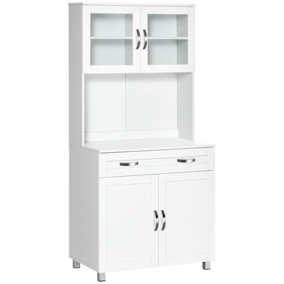 HOMCOM Freestanding Kitchen Pantry, Buffet with Hutch Storage Organizer with 2 Door Cabinets, 3 Drawers and Open Countertop, Adjustable Shelf, White